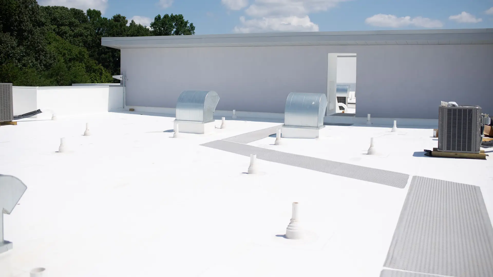 Clean white TPO commercial roof after washing