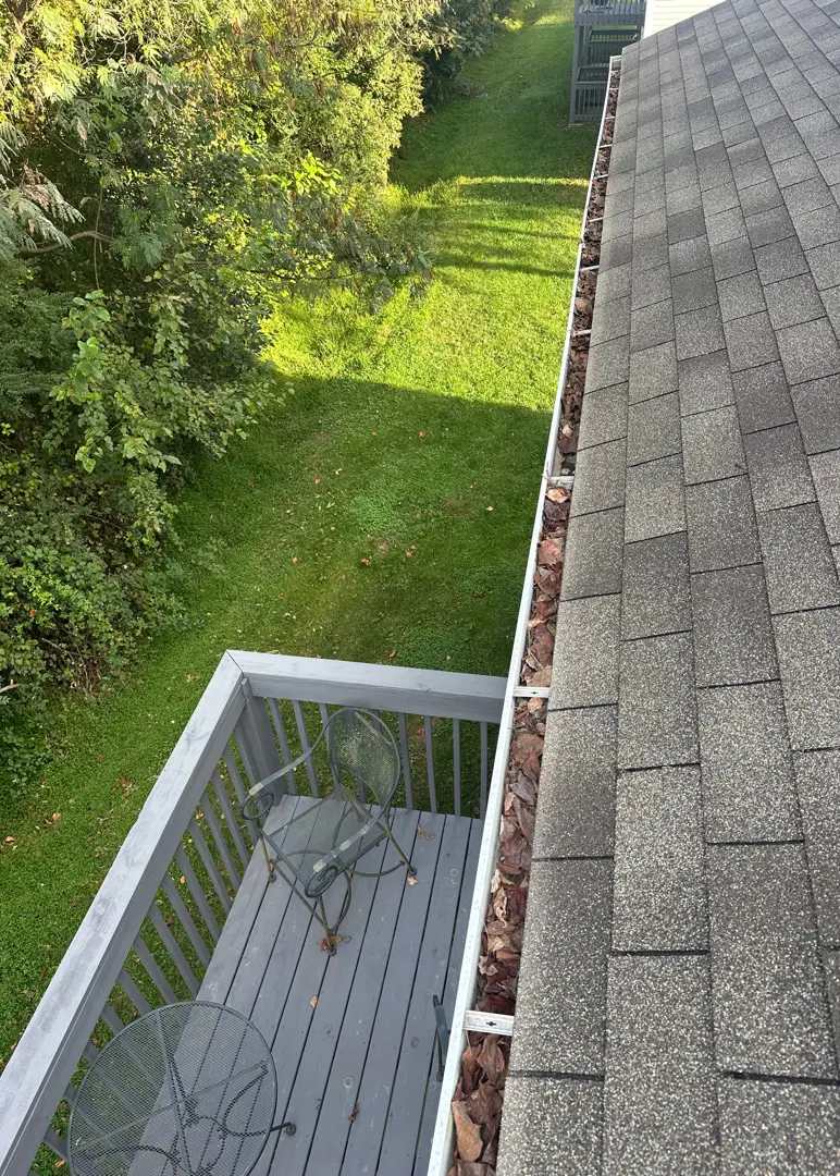 Clogged gutter with debris before cleaning