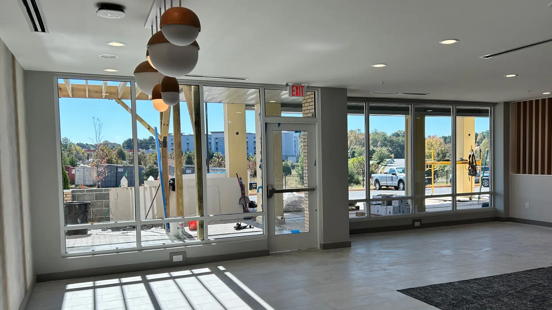 Clean commercial exterior windows in finished lobby space