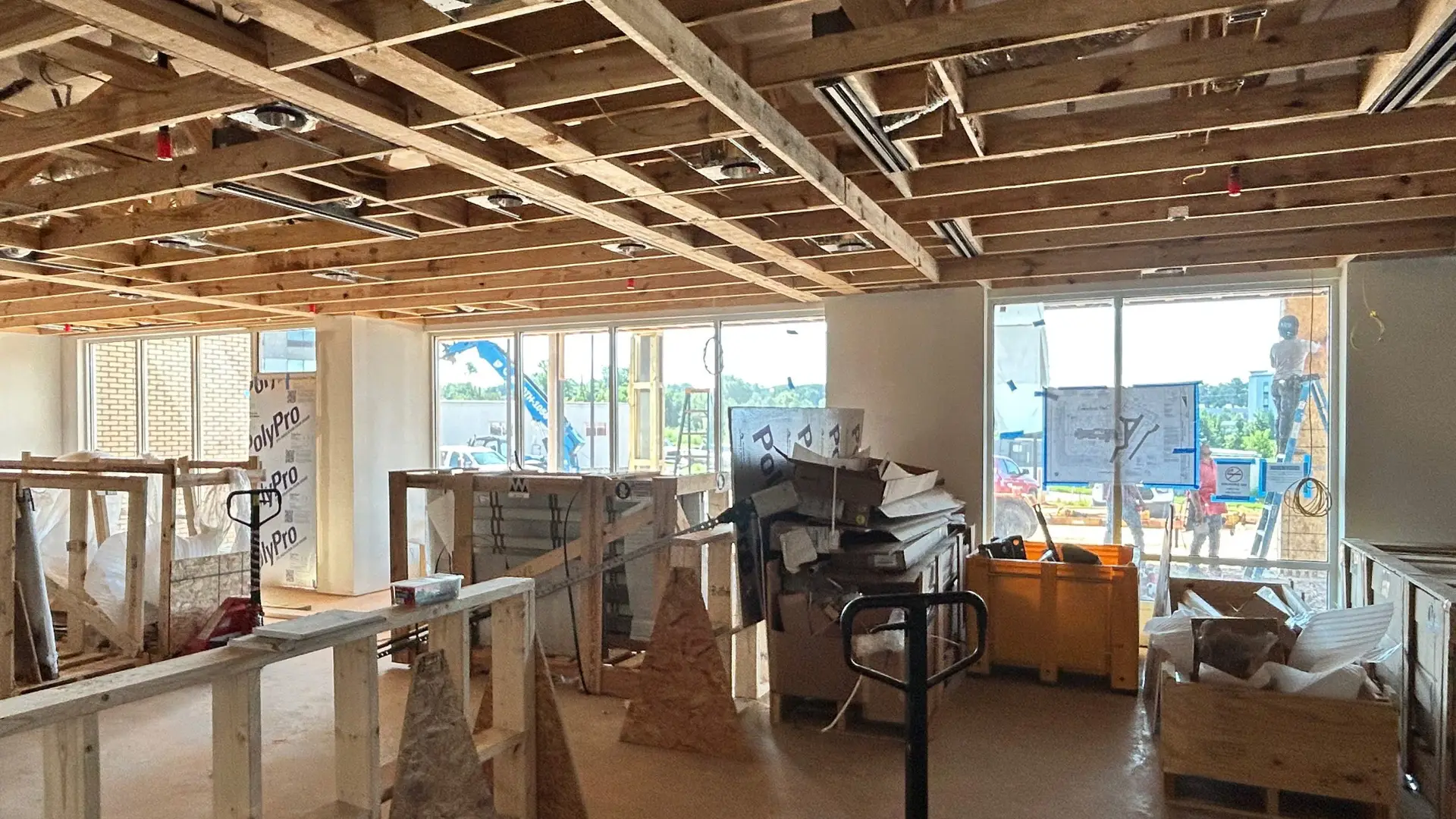 Commercial building windows before post-construction cleaning